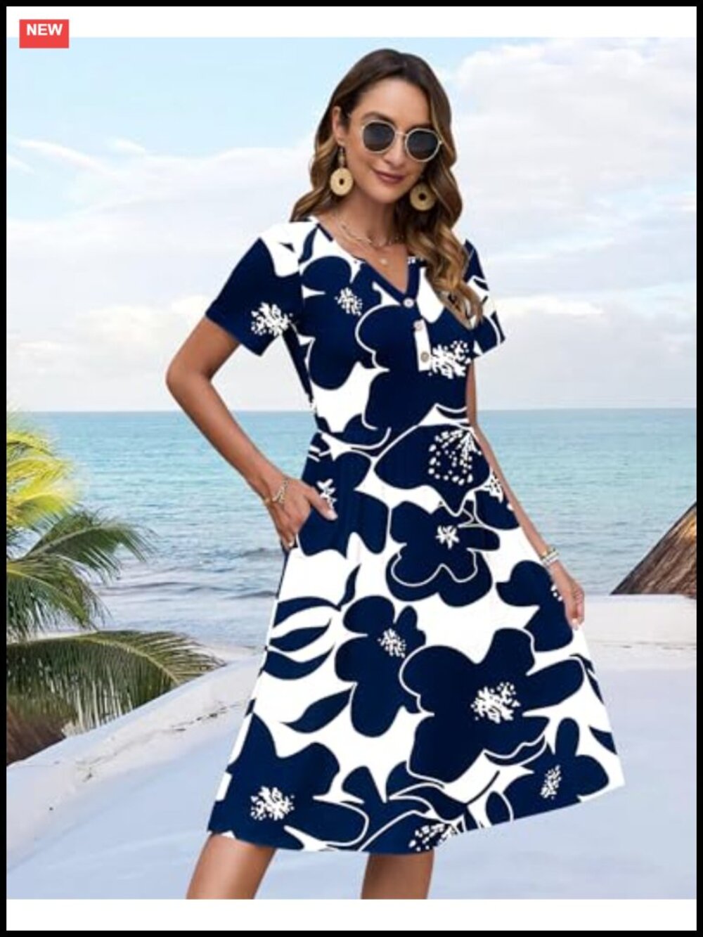 Women's V Neck Button Down Midi Summer Dress with Pockets Short Sleeve - Picture 2 of 4